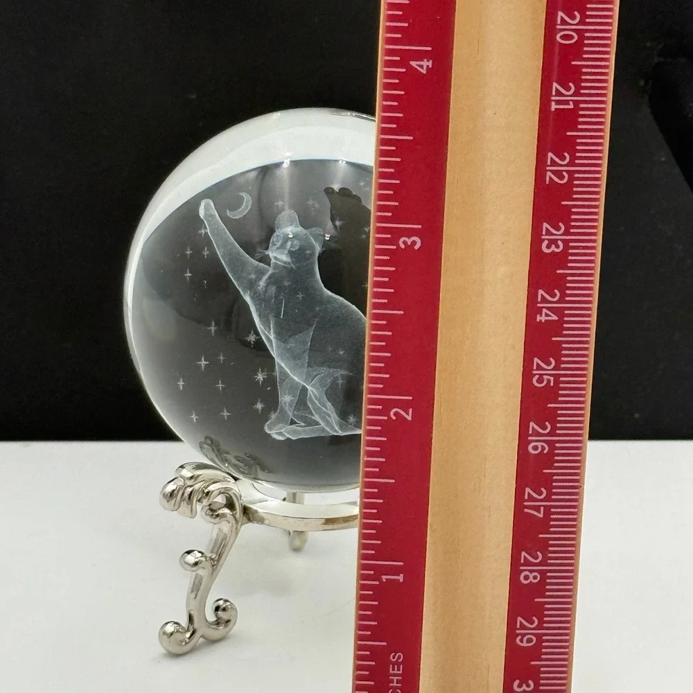 3D Laser Etched Crystal Ball Celestial Cat Moon Stars with Silver Tripod Stand